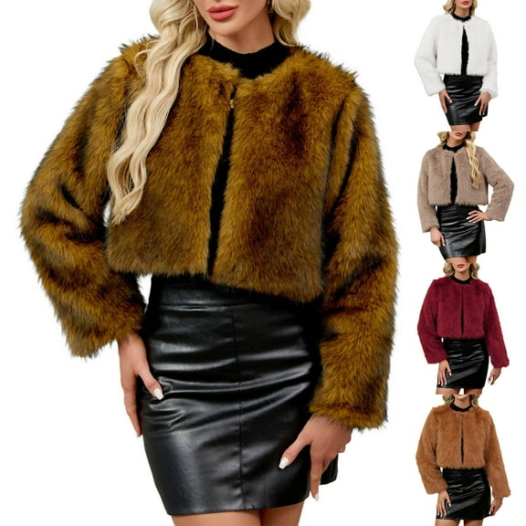 Nfurl Faux Fur Open Front Cropped Coats for Women Soft Fluffy Long Sleeve Short Jackets Business Casual Fall Winter Ladies Outerwear Yellow XL