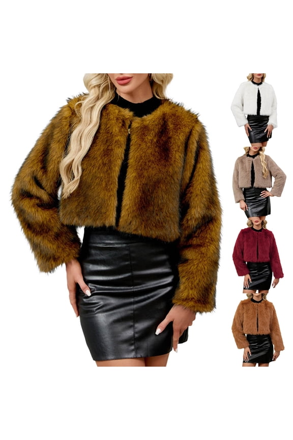 Faux Fur Open Front Cropped Coats for Women Soft Fluffy Long Sleeve Short Jackets Business Casual Fall Winter Ladies Outerwear Yellow XL