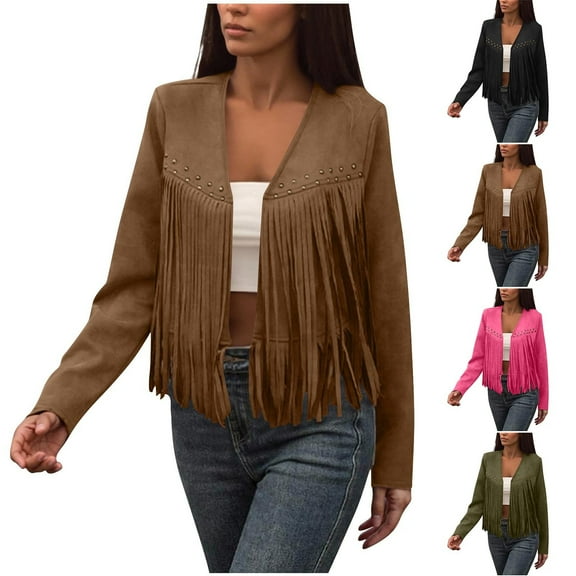 Nfurl Faux Suede Jackets for Women Trendy Fringe Tassel Cropped Jacket Casual Long Sleeve Solid Color Bomber Jackets Fall Outfits Brown L