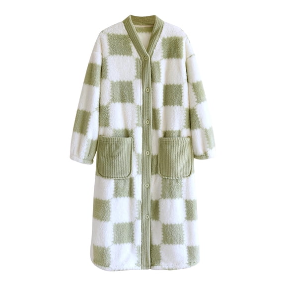 Nfurl Flannel Housecoats for Women Button Front with Pockets Winter Warm Plaid Long Sleeve Bathrobe Soft Sleepwear Ladies Lounge Robes Green L