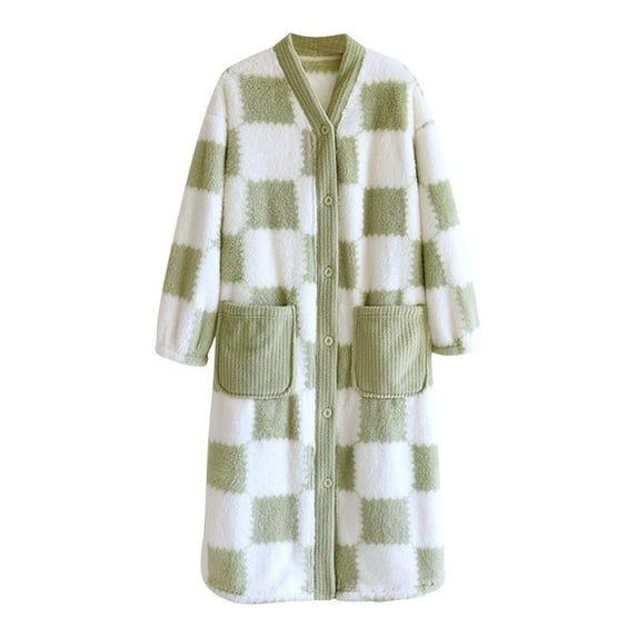 Nfurl Flannel Housecoats for Women Button Front with Pockets Winter Warm Plaid Long Sleeve Bathrobe Soft Sleepwear Ladies Lounge Robes Green XL
