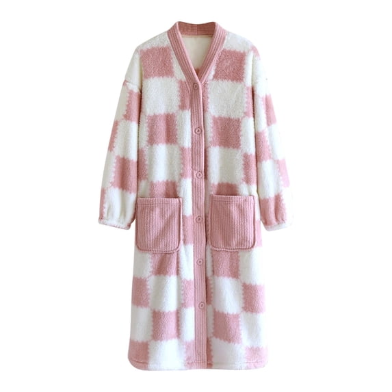 Nfurl Flannel Housecoats for Women Button Front with Pockets Winter Warm Plaid Long Sleeve Bathrobe Soft Sleepwear Ladies Lounge Robes Pink L