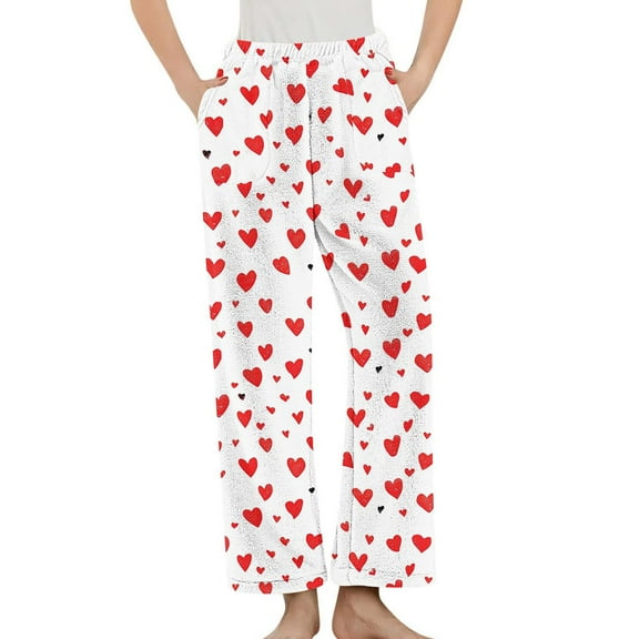 Nfurl Flannel Pajama Bottoms for Women Cute Little Heart Graphic Wide Leg Pj Pants Comfy Fleece Elastic Waist Lounge Winter Sleep Pant Red M