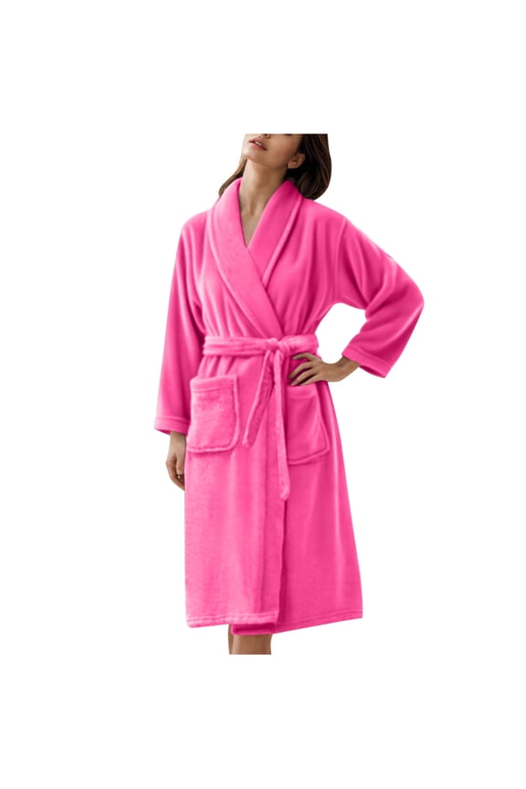 Flannel Robes for Women with Pockets Comfy Long Sleeve Solid Color Terry Cloth Spa Bathrobe Soft Sleepwear Ladies Lounge Robes Hot Pink M