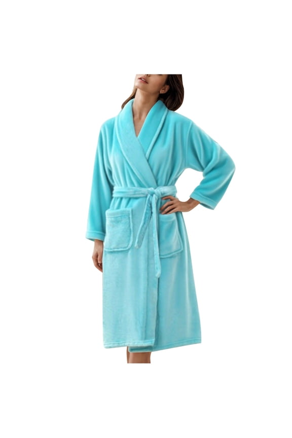 Flannel Robes for Women with Pockets Comfy Long Sleeve Solid Color Terry Cloth Spa Bathrobe Soft Sleepwear Ladies Lounge Robes Light Blue XXL