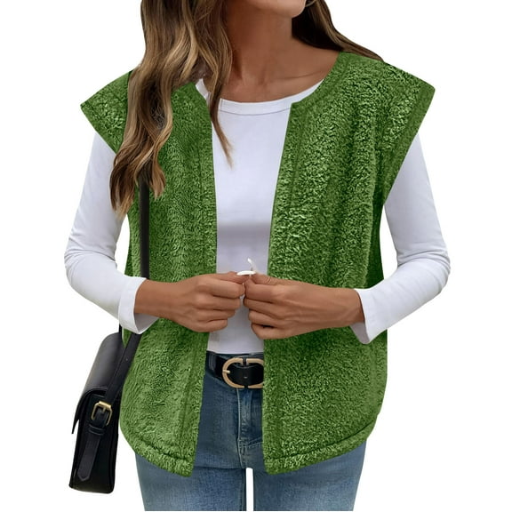 Nfurl Fleece Vest for Adult Women Trendy Open Front Sleeveless Sherpa Fleece Jackets Dressy Casual Fall Winter Outerwear Petite Vests Green XL