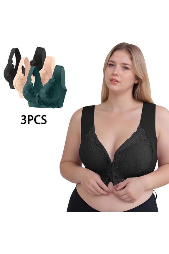 Front Closure Bras for Women Full Coverage Wide Strap Push up Plus Size Bralette Wireless Support Lift Bras for Sagging Breast 3 Pack Beige,XXXL