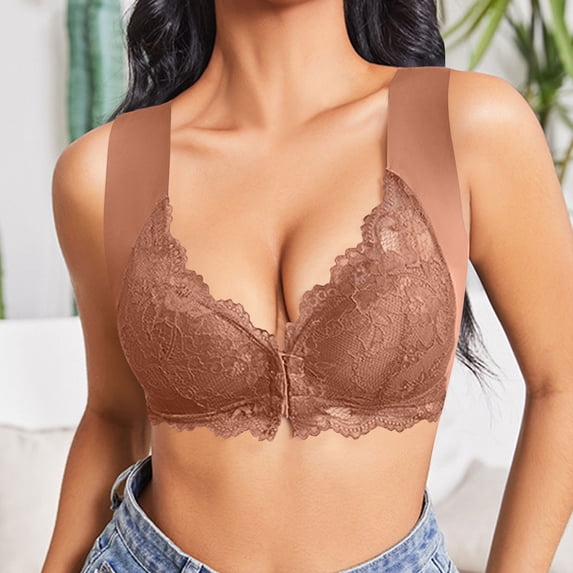 Nfurl Front Closure Bras for Women Wireless Full Coverage Front Clasp Push up Bra Support Lace Bralettes no Wire Anti Sagging Lift Bras Coffee,XL