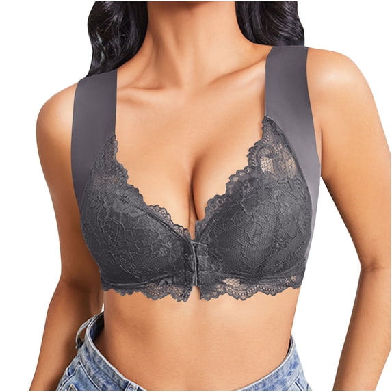Nfurl Front Closure Bras for Women Wireless Full Coverage Front Clasp Push up Bra Support Lace Bralettes no Wire Anti Sagging Lift Bras Dark Gray,XXL