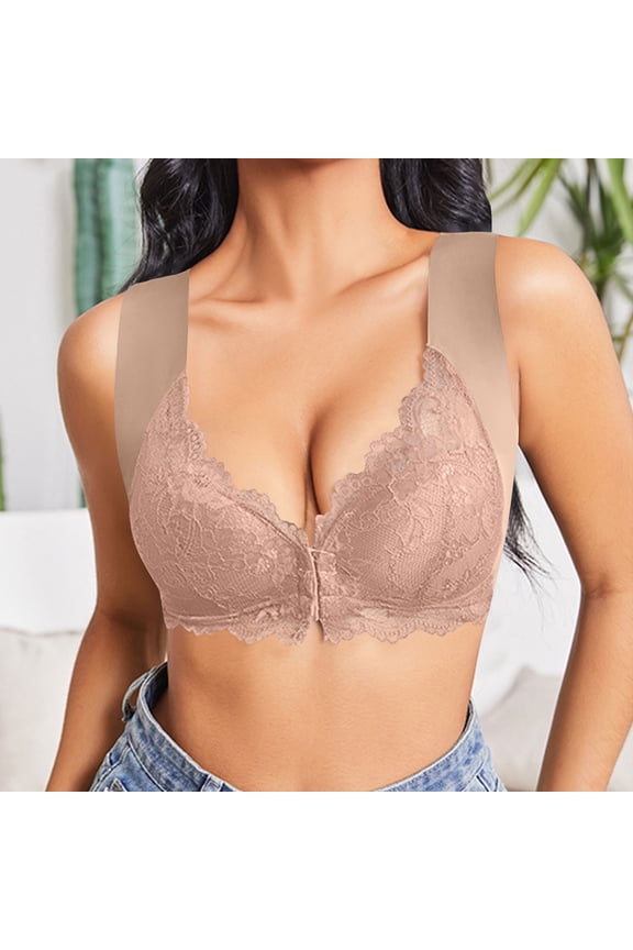 Front Closure Bras for Women Wireless Full Coverage Front Clasp Push up Bra Support Lace Bralettes no Wire Anti Sagging Lift Bras Khaki,M