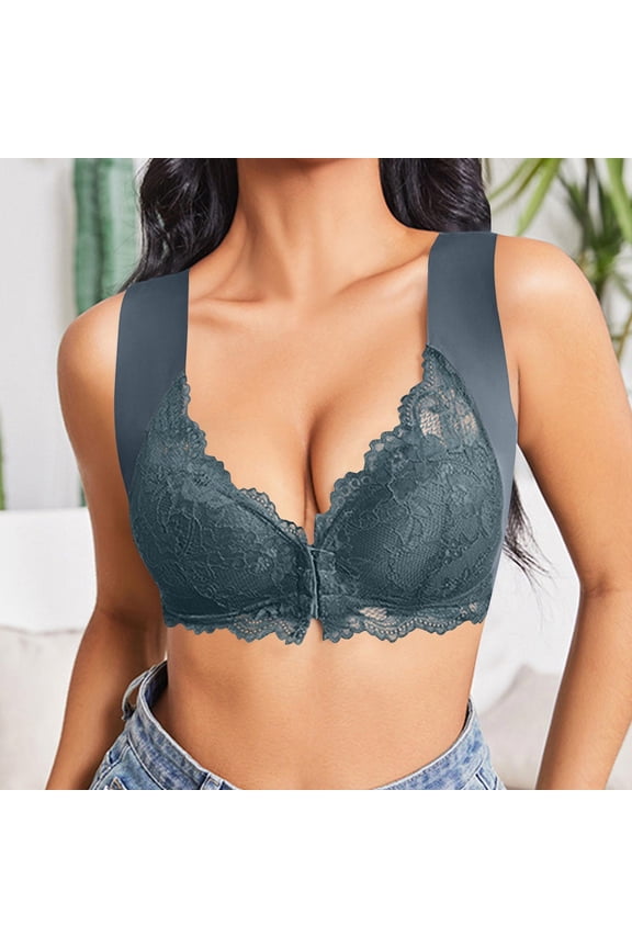 Front Closure Bras for Women Wireless Full Coverage Front Clasp Push up Bra Support Lace Bralettes no Wire Anti Sagging Lift Bras Navy,M