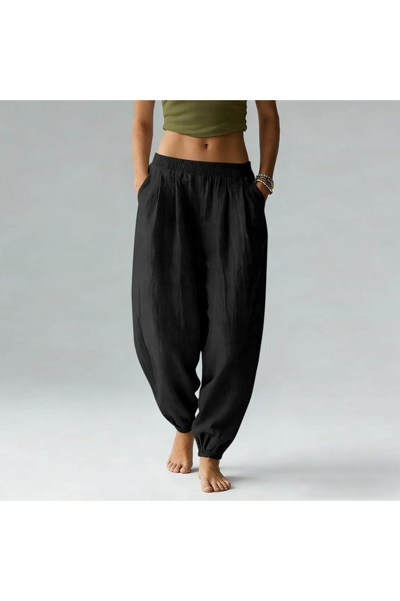 Harem Pants for Women with Pockets Elastic Waist Baggy Cotton Linen Cuffed Pants Casual Loose Travel Trouser Summer Beach Pants Black M