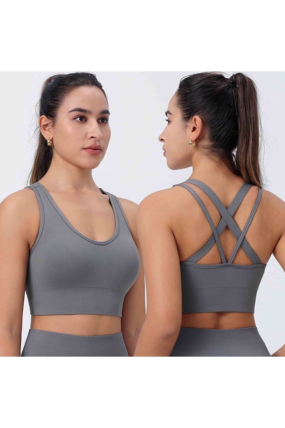 High Impact Sports Bras for Women High Support Strappy Cross Back Sport Bra with Padded Cup Seamless Wireless Gym Workout Crop Top Yoga Bras Gray XXL