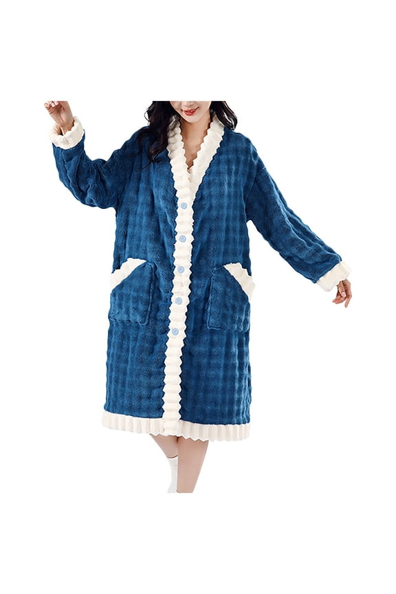 Housecoats for Women Snap Front Long Sleeve Heavyweight Bathrobes Winter Warm Fuzzy Robes Soft Sleepwear Ladies Loungewear Blue Free Size