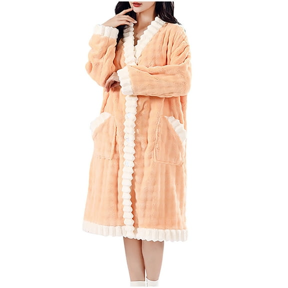 Nfurl Housecoats for Women Snap Front Long Sleeve Heavyweight Bathrobes Winter Warm Fuzzy Robes Soft Sleepwear Ladies Loungewear Yellow Free Size