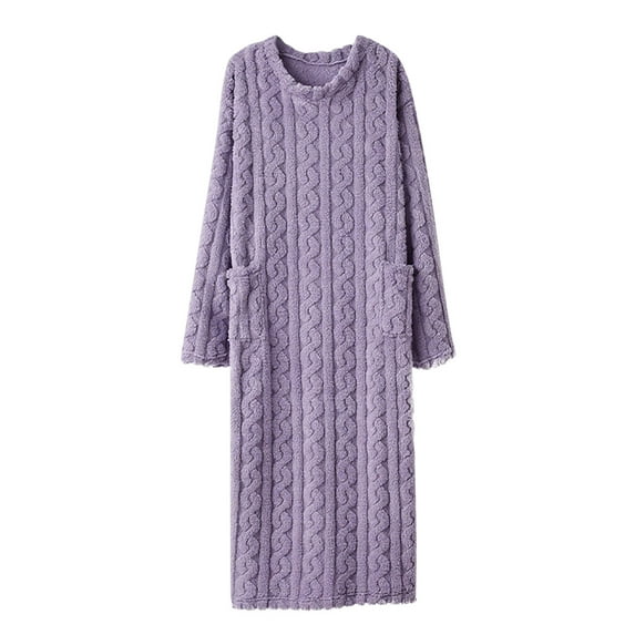 Nfurl Housecoats for Women with Pockets Fluffy Long Sleeve Solid Color Nightgowns Spa Bath Robes Soft Ladies Sleepwear Comfy Pajamas Purple Free Size