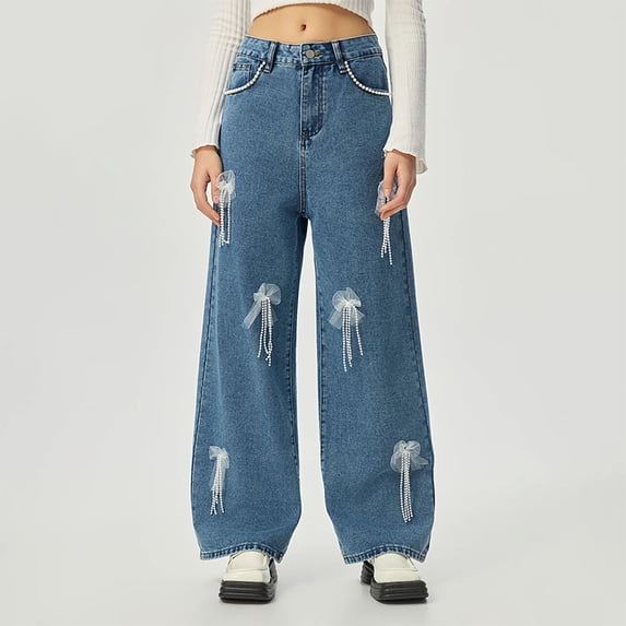 Nfurl Jeans for Women Wide Leg Mid Rise Jeans Trendy Cute Flower Decor Denim Pants with Pockets Dark Blue,XS