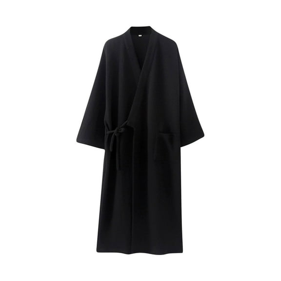 Nfurl Kimono Robes for Women with Pockets Soft 3/4 Sleeve Spa Bathrobes Comfy Fall Winter Shower Robe Ladies Housecoats Bathrobe Black M