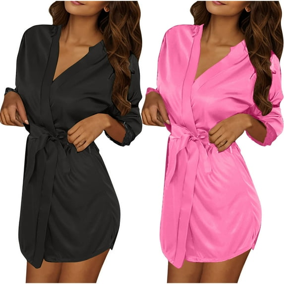 Nfurl Kimono Short Robes for Women 2 Pack Lightweight Solid Color Silk Lace Trim 3/4 Sleeve Housecoats Nightgowns Soft Ladies Sleepwear Hot Pink Free Size