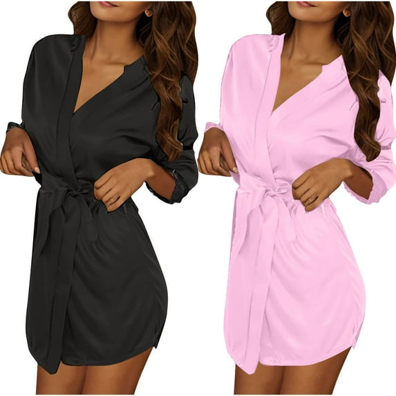Nfurl Kimono Short Robes for Women 2 Pack Lightweight Solid Color Silk Lace Trim 3/4 Sleeve Housecoats Nightgowns Soft Ladies Sleepwear Pink Free Size