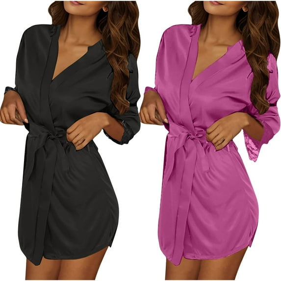 Nfurl Kimono Short Robes for Women 2 Pack Lightweight Solid Color Silk Lace Trim 3/4 Sleeve Housecoats Nightgowns Soft Ladies Sleepwear Purple Free Size