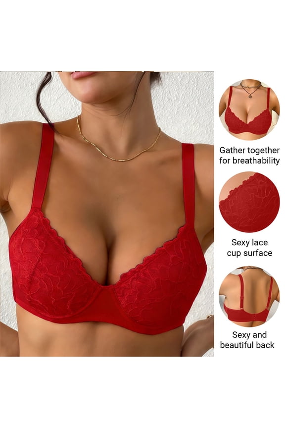 Lace Balconette Bras for Women Push up Underwire Balconette Anti Saggy Supportive Deep V Neck Plunge Bra Red XXL