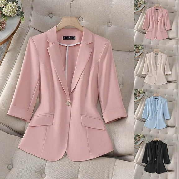 Nfurl Ladies 3/4 Sleeve Blazers Dressy Casual Single Breasted Plus Size Blazer for Women Solid Color Office Suit Jackets Business Clothes Beige S