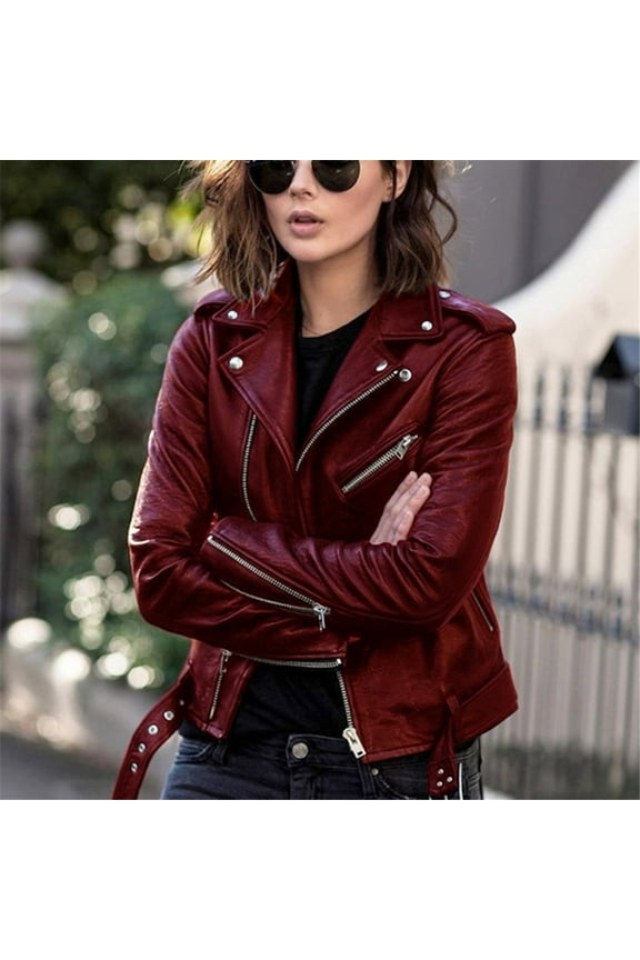 Leather Bomber Jackets for Women Retro Motorcycle Jacket Slim Fit Zip Up Solid Color Crop Coats Fall Fashion Clothes Wine M