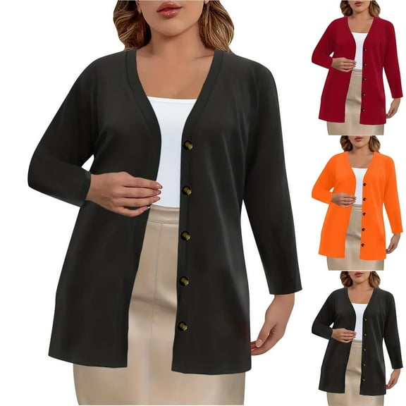 Nfurl Lightweight Cardigans for Women Trendy Plus Size Solid Color Button Open Front Jackets Causal Long Sleeve Fall Cardigan Red XXXL