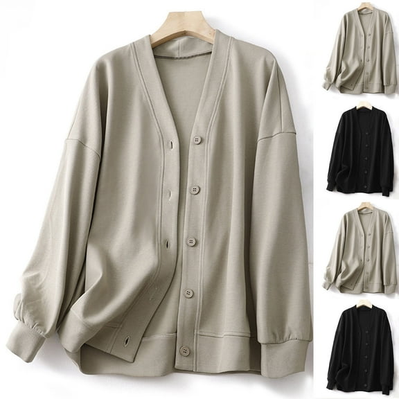 Nfurl Lightweight Cotton Jackets for Women Casual Long Sleeve Button Outerwear Jacket Loose Fit Basic Solid Color Early Fall Coats Beige M