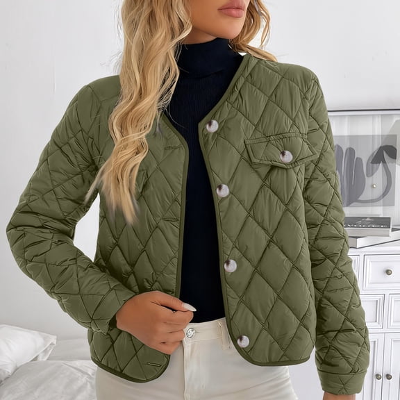 Nfurl Lightweight Puffer Jacket Womens Trendy Button Down Open Front Cropped Quilted Puffer Jackets Fitted Women's Winter Coats Green S