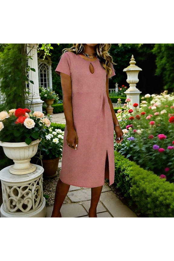 Linen Dress Women Elegant Keyhole Neck Short Sleeve Dresses Summer Beach Sundresses Trendy Side Split Hem A Line Midi Dress Spring Pink XXL