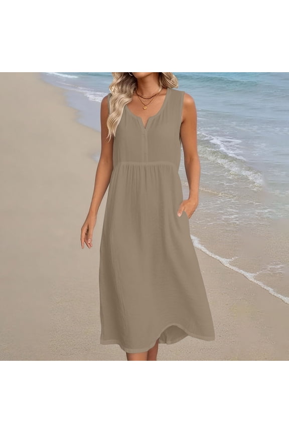 Linen Nightgowns for Women with Pockets Flowy Notch V Neck Sleep Dress Casual Summer Sleeveless House Dresses Ladies Long Nightgown Khaki,M