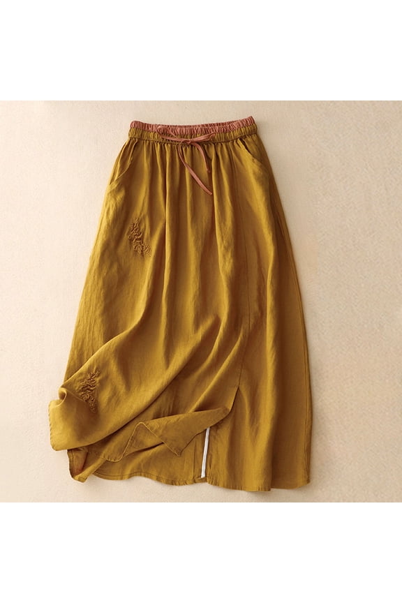 Linen Skirts for Women Trendy Embroidered Boho Summer Skirt Casual Elastic Waist Side Split Hem Spring Flowy Skirt Yellow,M
