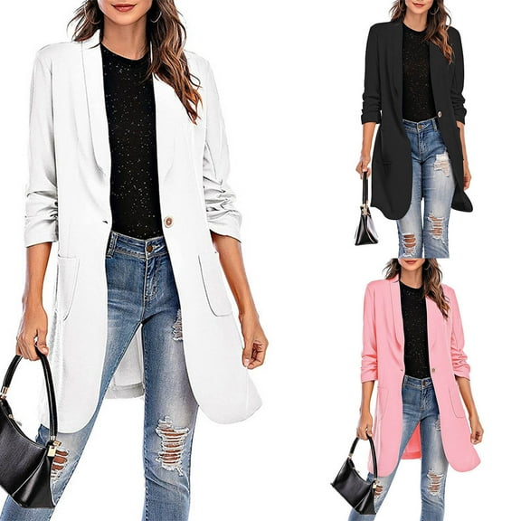 Nfurl Long Blazers for Women Business Casual Single Breasted Long Work Suit Jackets with Pockets Dressy Lapel Long Sleeve Ladies Blazer White L