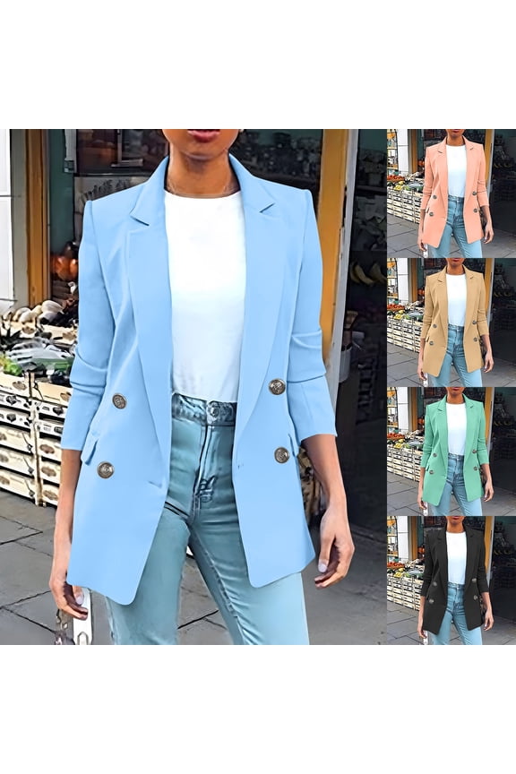 Long Blazers for Women Plus Size Trendy Double Breasted Lapel Work Office Suit Jackets Business Casual Solid Color Ladies Blazer Blue XXXXXL