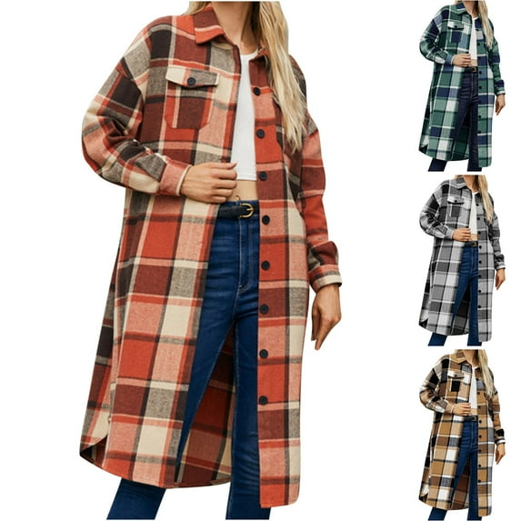 Nfurl Long Coats for Women Winter Wear Plus Size Fashion Retro Plaid Lapel Button Down Trench Coat Casual Long Sleeve Jackets with Pockets Gray S