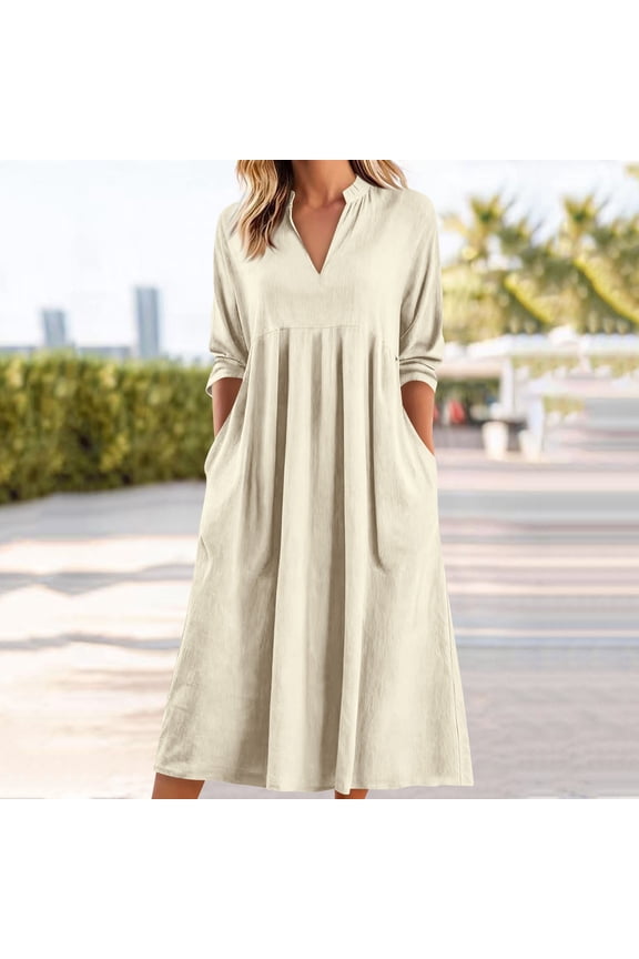 Long House Dresses for Women with Pockets Casual V Neck Night Gowns for Sleeping 3/4 Sleeve Linen Nightgowns Ladies Sleepwear Loungewear Beige,M
