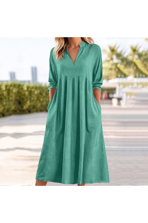 Long House Dresses for Women with Pockets Casual V Neck Night Gowns for Sleeping 3/4 Sleeve Linen Nightgowns Ladies Sleepwear Loungewear Green,M