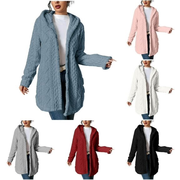 Nfurl Long Jackets for Women Textured Long Sleeve Jacquard Jacket Loose Fit Open Front Outerwear Coats with Hooded Fall Winter Coats Pink XXL
