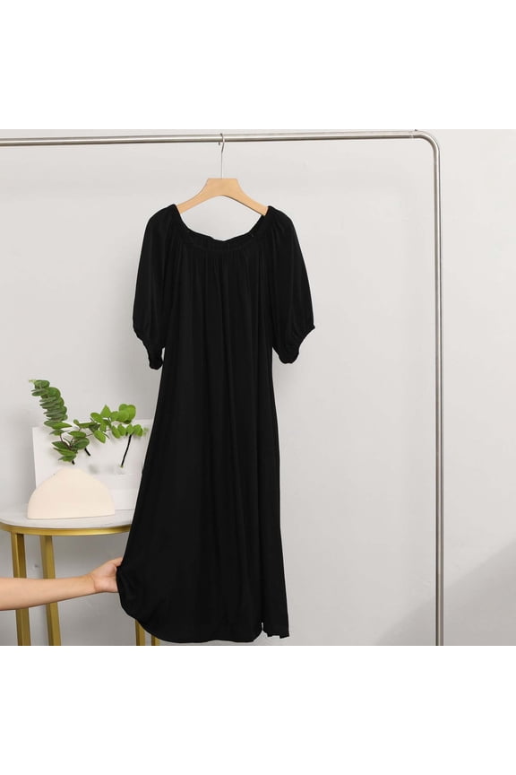 Long Nightgowns for Women Loungewear Casual Smocked Neck Short Sleeve House Dresses Summer Ladies Nightgown Comfy Sleep Gowns Black,L