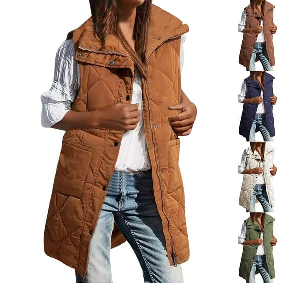 Nfurl Long Puffer Vests for Women Fashion Solid Color Zip Up Quilted Vests Casual Outerwear Loose Fit Padded Coats Ladies Winter Coats Beige M