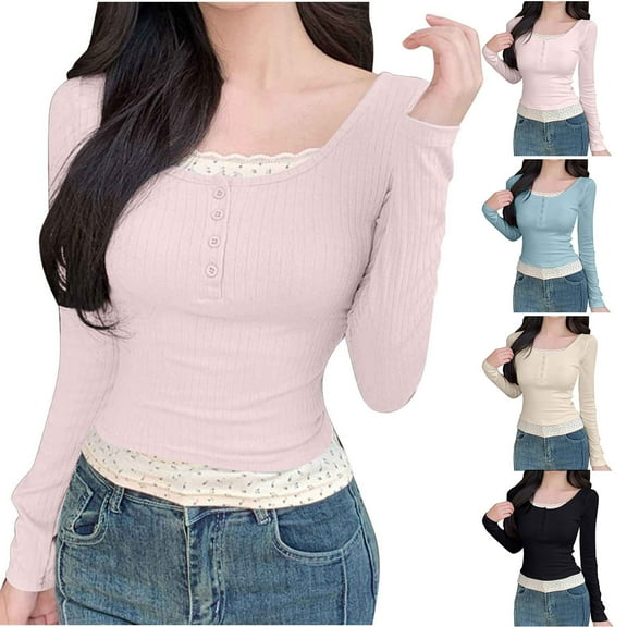 Nfurl Long Sleeve Tops for Women,Slim Fit Square Neck Button Decor Stretch Shirts,Casual Pullover Tops,Ladies Fall Going Out Outfits Black S