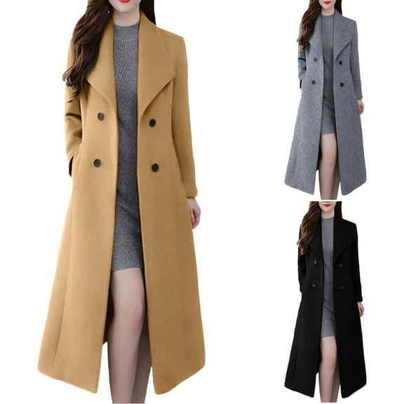 Nfurl Long Trench Coats for Women Plus Size Casual Long Sleeve Button Decor Lapel Overcoats Fall Winter Fashion Outerwear Coats Khaki XXXL