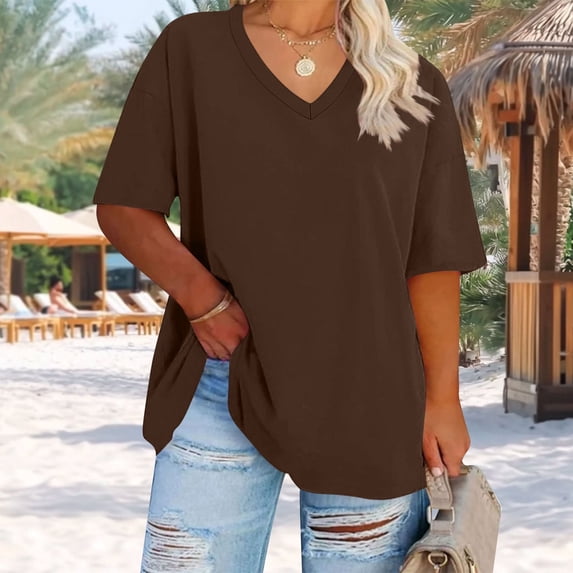 Nfurl V Neck T Shirts for Women Plus Size Shorts Sleeve Summer Tops Loose Fit Solid Color Going Out Tops Casual Ladies Blouses Brown XXL