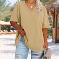 thumbnail image 1 of Nfurl V Neck T Shirts for Women Plus Size Shorts Sleeve Summer Tops Loose Fit Solid Color Going Out Tops Casual Ladies Blouses Khaki XXXXL, 1 of 5