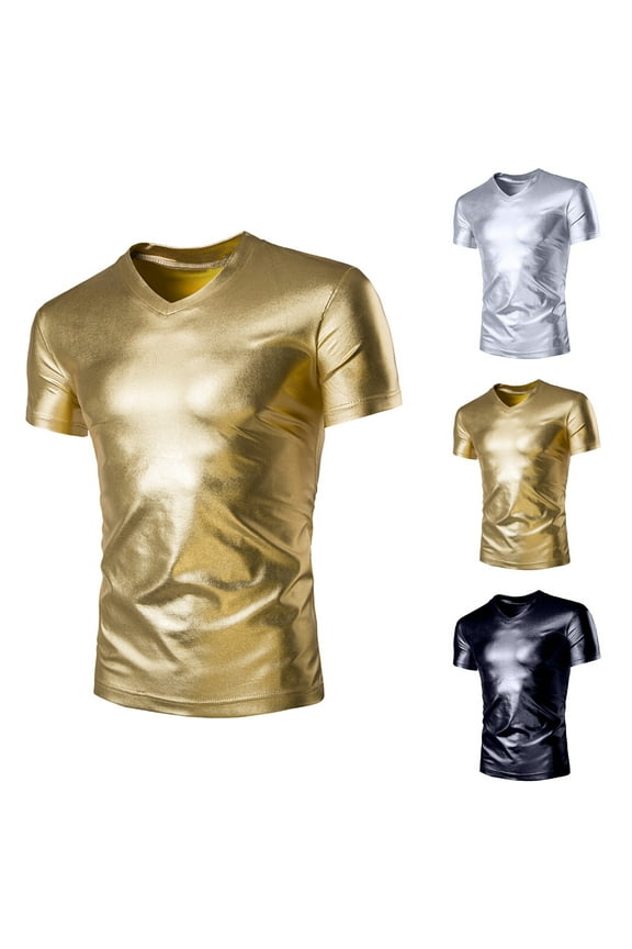 Men's 70s Disco Shirts Shiny Hipster Metallic Gold Silver Shirt Short Sleeve Nightclub Party T-Shirts Retro V Neck Shirt Tops Slim Fit Sparkly Tee Top