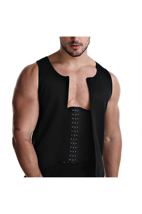 Mens Body Shaper Compression Shirt Tummy Control Slimming Vest Athletic Sleeveless Tank Tops Zip Up Workout Vest Gym Fitness Waist Trainer Shapewear