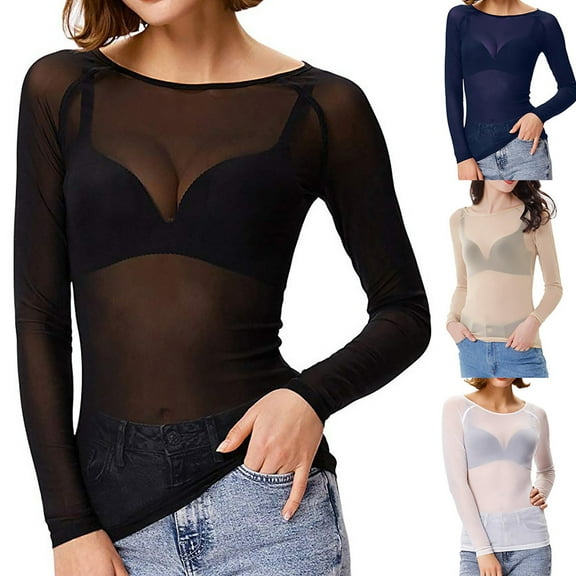 Nfurl Mesh Long Sleeve Tops for Women Fashion See Through Crewneck Blouses for Party Clubwear Going Out Top Black M