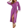 thumbnail image 1 of Nfurl Modal Robes for Women Comfy Long Sleeve Lace Trim Belt Bathrobe Soft Sleepwear Party Robe Ladies Nightgowns Purple M, 1 of 4